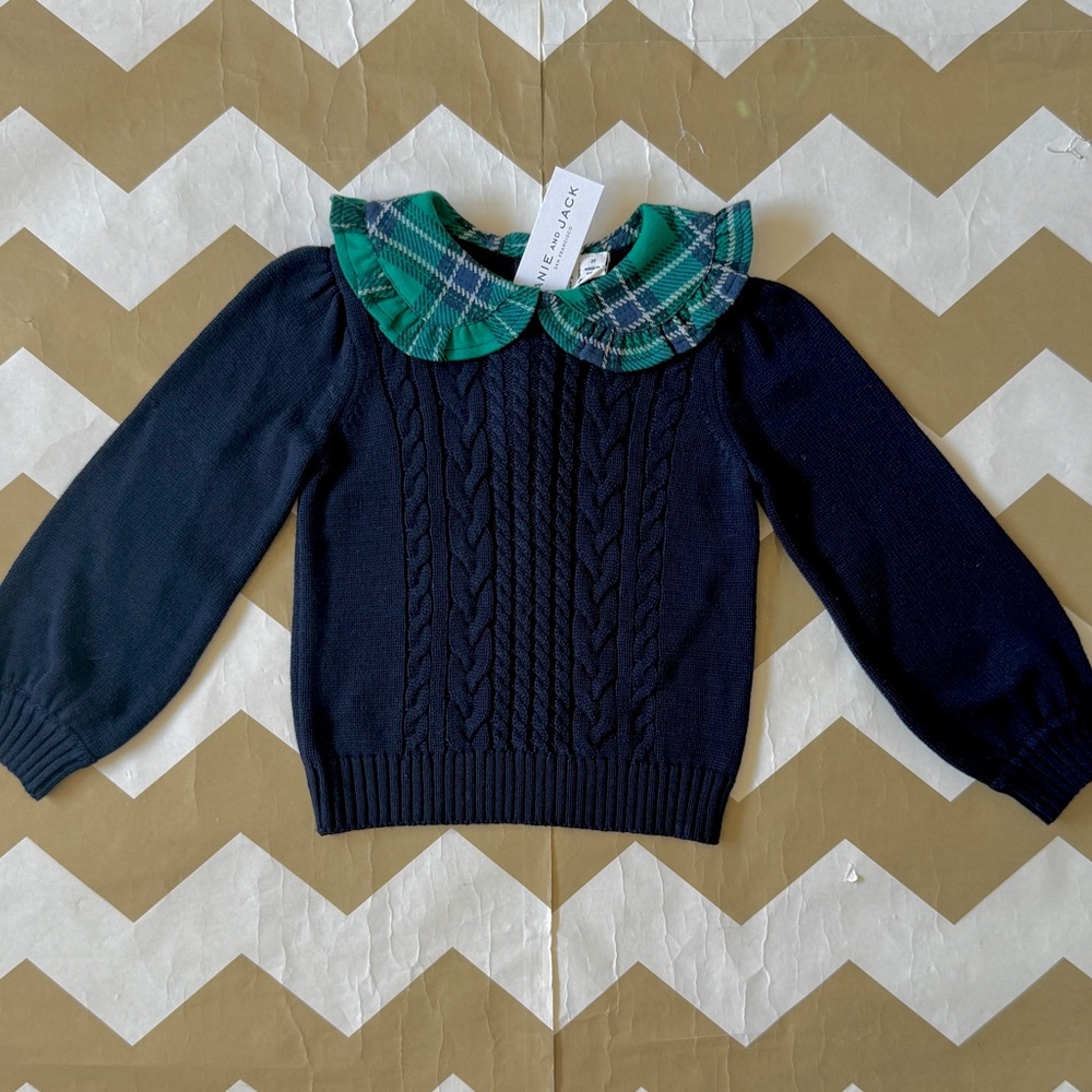 Janie and Jack Navy Sweater with Green Plaid Collar